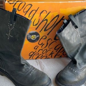 Dr. Martens, size 8, black/deep green tint, well worn slip on boots, with rivets